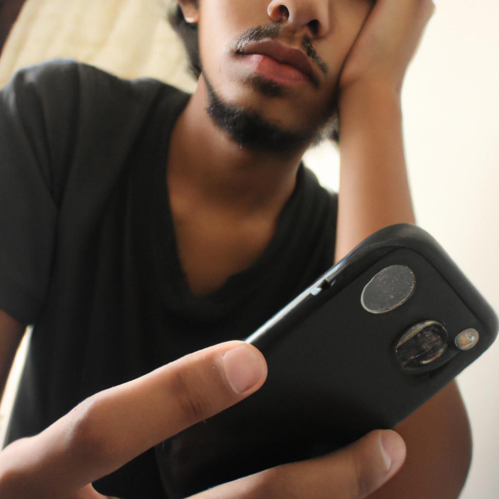 Person holding smartphone, looking concerned